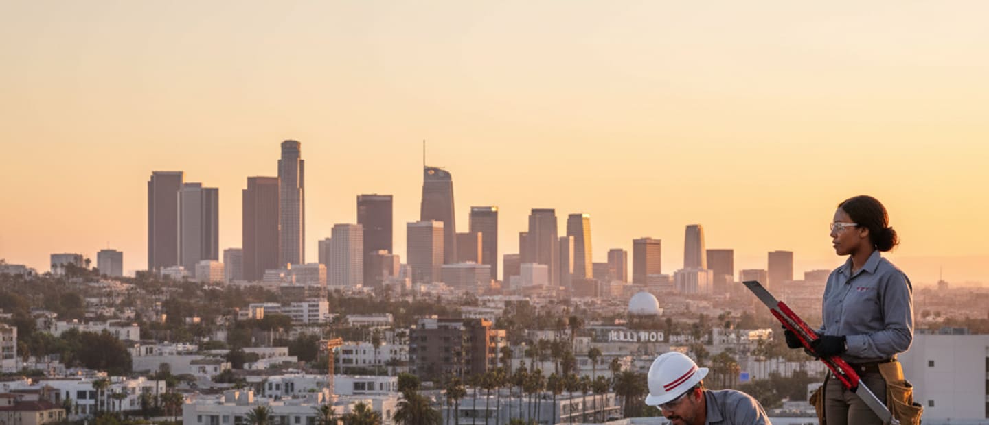 Stunning Los Angeles skyline with a newly installed roof in the foreground, showcasing expert...