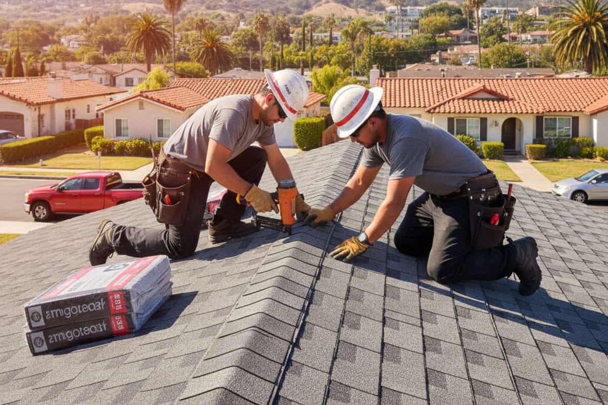 Roofing crew installing new shingles on a residential roof in Los Angeles