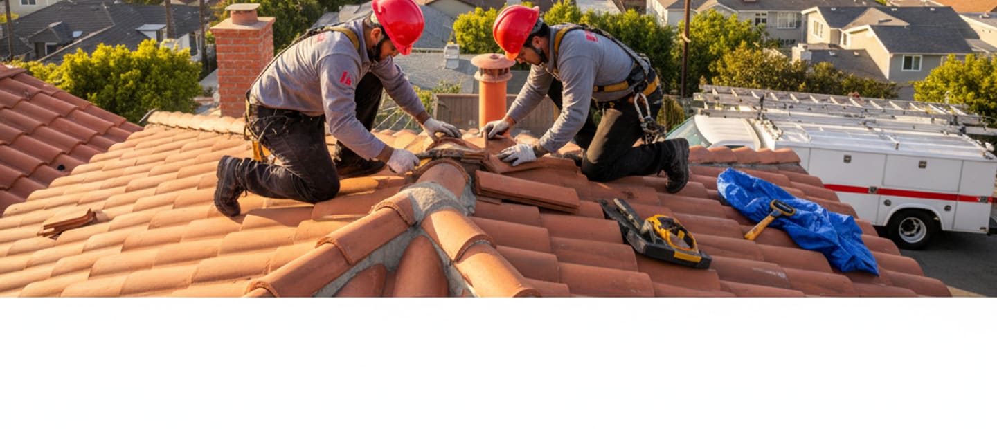 Skilled roofers thoroughly repairing a residential roof with a vibrant Los Angeles neighborhood...