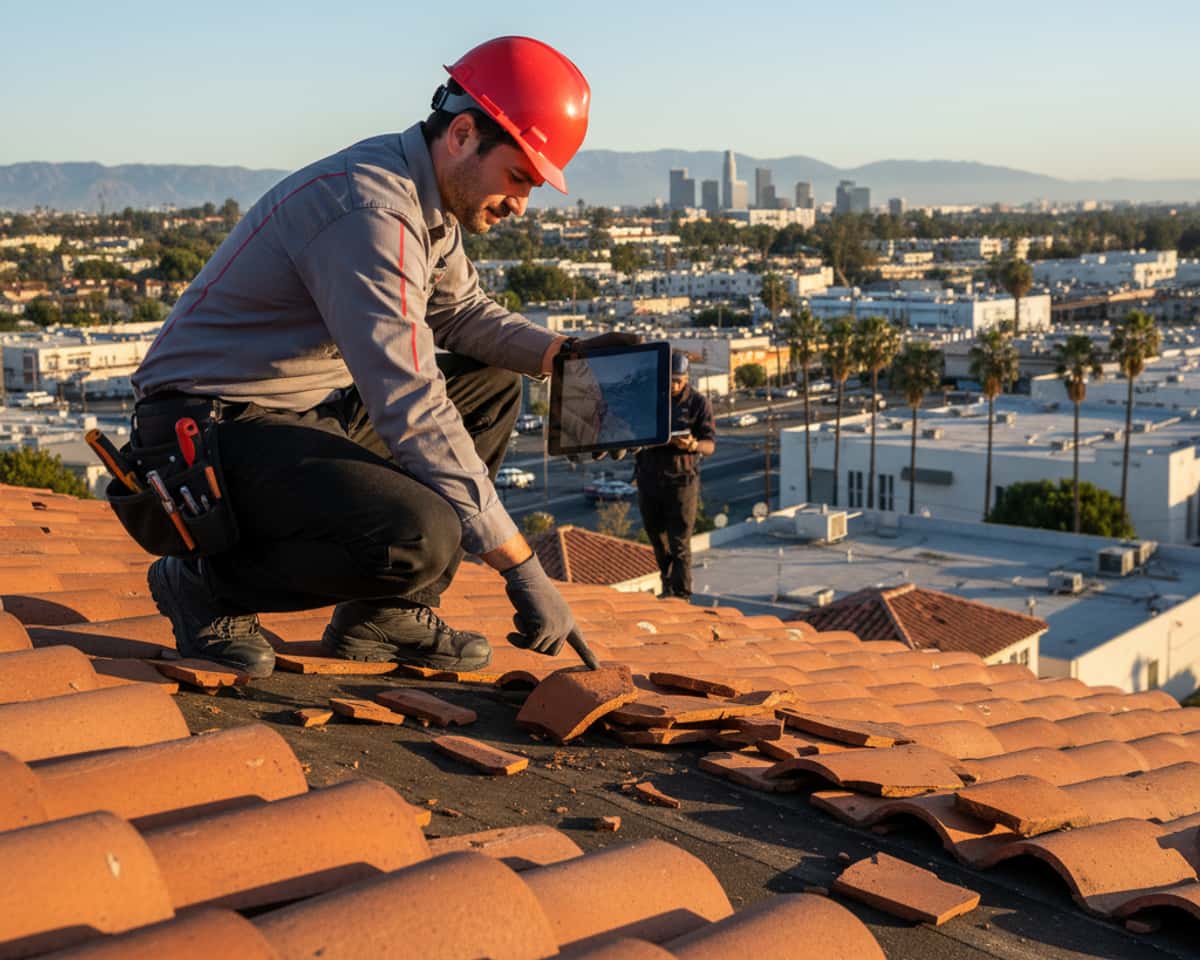 Roof technician inspecting a damaged tile roof, highlighting the process of identifying roof...